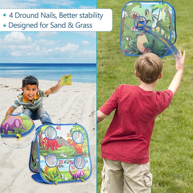 Dinosaur Bean Bag Toss Game for Kids with Carry Bag, 2-in-1 Foldable Toddler Cornhole Board Backyard Beach Lawn Outside Toys, Outdoor Yard Party Activities Toy Gifts for Boys Girls Age 3 4 5 6 7 8
