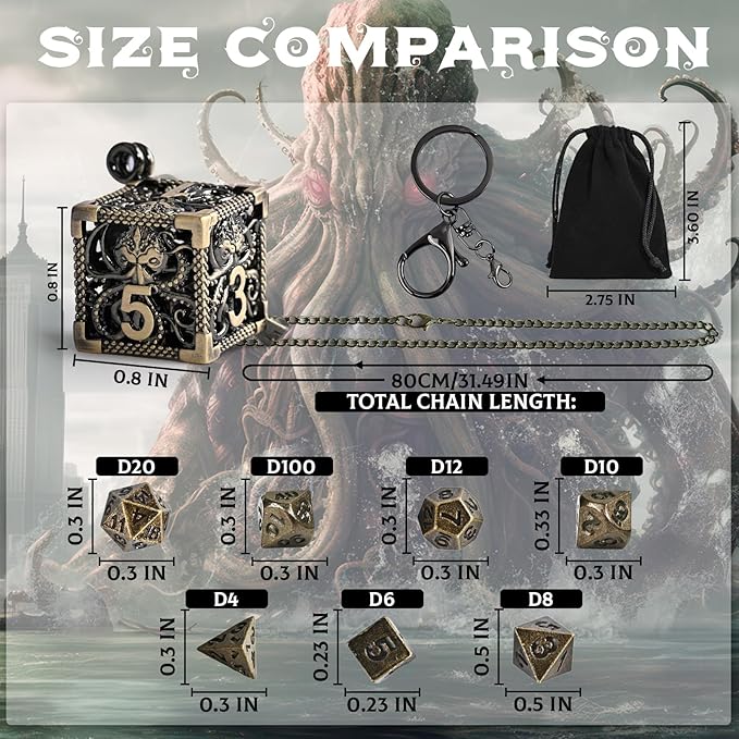 Mini DND Dice Set with 3D Octopus Shell and Necklace, 3PCS Polyhedral Metal Dice Set Perfect for MTG, RPG, Board Games Accessory (ZY02-Bronze)