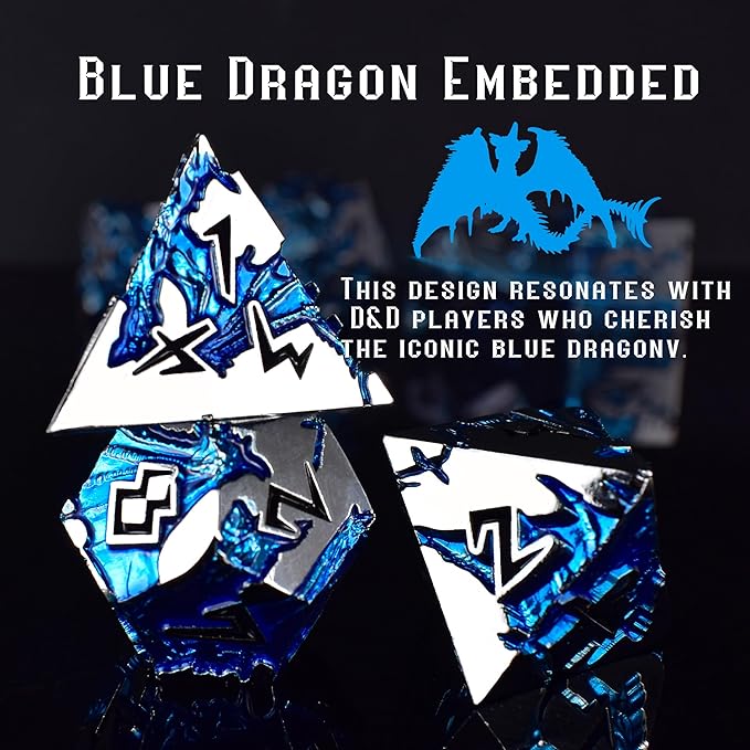Rule Dice - Dungeons and Dragons Metal Dice Set, D&D Set with D20, D4, D12, D10, D%, D8, D6 - Blue Dragon Style, Silver Black