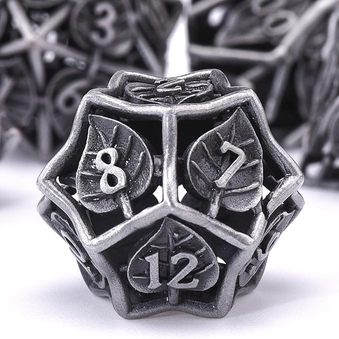 AUSTOR 7 Pieces DND Dice Set Leaf Metal DND Dice Hollow Polyhedral Dice D20 D12 D10 D% D8 D6 D4 Metal Dice with Metal Box for Dungeons & Dragons RPG Board Games(Antique Iron)