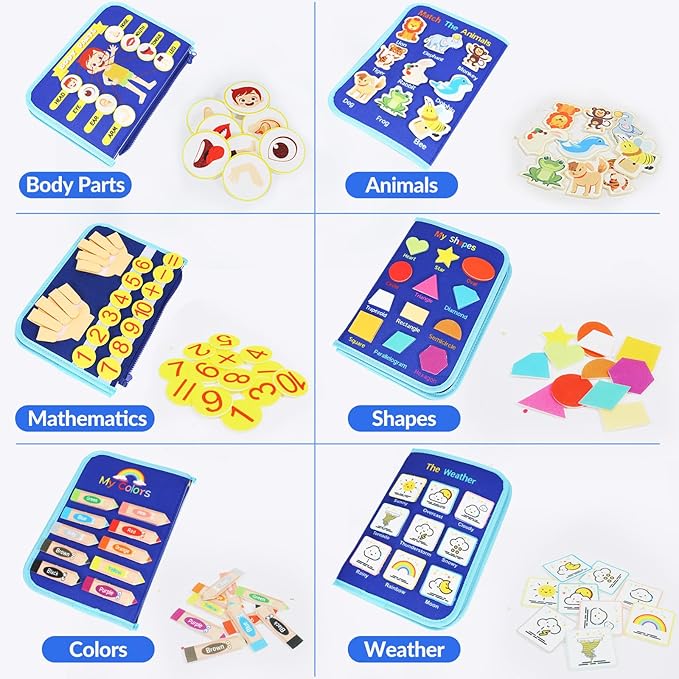 Montessori Toys for 3+ Year Olds, 9 in 1 Busy Board for Toddlers, Sensory Board Activities Learning Travel Toys for Plane Car, Birthday Gifts for Kids Boys Girls (Blue Planet)