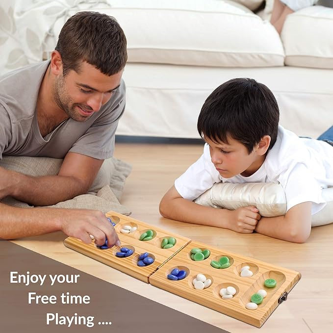 Point Games Solid Wood Deluxe Mancala - Folding Board Game w Metal Latch and Glass Marbles- Portable Strategy Travel Game - Recommended Ages 6+