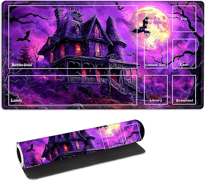for MTG Playmat with Zones Storage Bag,for TCG Playmat and Playing Card Mat for Magic Board Games, Haunted House Non Slip Stitched Edges Game Mat, Rollable Foldable Card Playmats