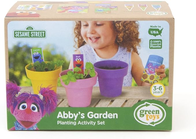 Green Toys Sesame Street Abby's Garden Planting Activity Set - 17 Piece Kids Outdoor Toy Set with Seeds and Stickers. No BPA, phthalates, PVC. Dishwasher Safe, Recycled Plastic, Made in USA.