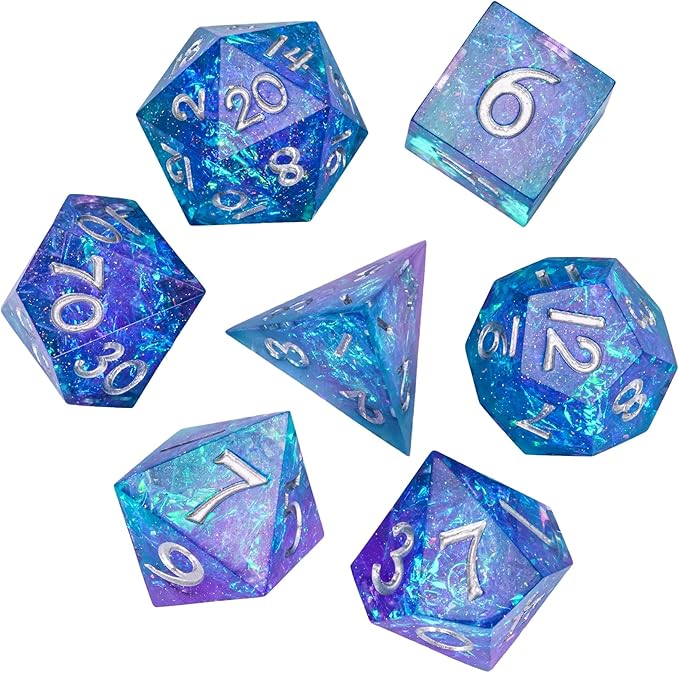 7PCS DND Dice Set,Handmade Sharp Edge Dice Set D&D RPG Polyhedral Die,for Dungeons and Dragons TTRPG Games Roleplaying Games Pathfinder,with Gift Box(Purple and Blue)