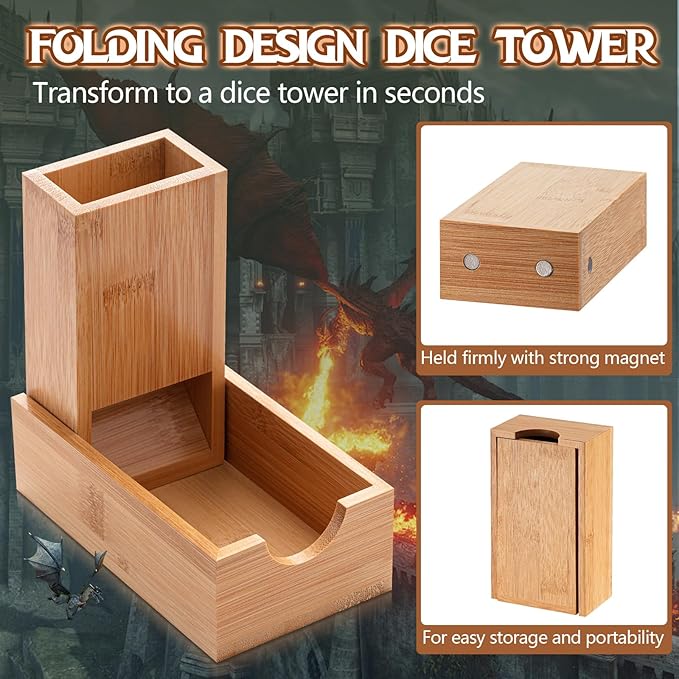 2 Pcs Dice Tower with 14 Polyhedral Dice Set Foldable Wooden Die Dice Roller Castle Collapsible Rolling Case for Tabletop Games, Board Games