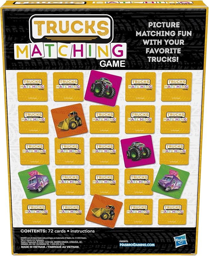 Hasbro Gaming Trucks Matching Game, Fun Preschool Board Game for 1+ Players, Memory Card Games for Kids, Set, Ages 3+ (Amazon Exclusive)