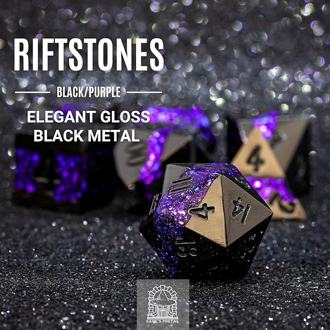 Sage's Portal Metal Riftstone DND Dice 7-PC Polyhedral Dice Set for DND TTRPG Dungeons and Dragons Pathfinder Oversized Designer Dice (Gloss Black/Purple)