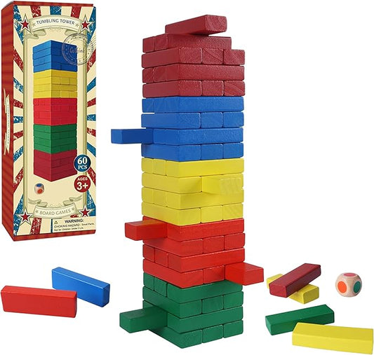 GOTHINK Tumble Tower Game for Kids and Adults, 60pcs Wooden Stacking Board Games Building Blocks for Kids and Family Games Night, Colorful Wood Balancing Blocks Game