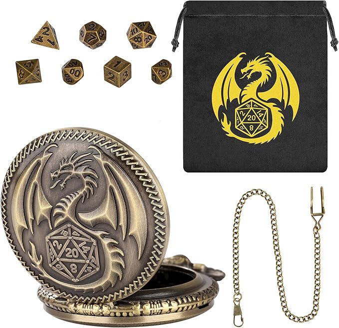 Mini DND Dice Set with Steampunk Dragon Pocket Watch Case, Tiny 7-Piece Polyhedral Metal D&D Dice, DND Gifts with Dragon Logo Gift Bag, Role Playing Game Board Game Accessories Dice, Bronze