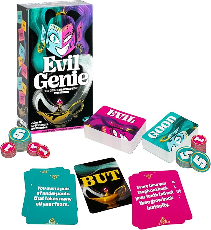 Evil Genie, Party Game Where Players Combine Good Cards with Evil Cards to Grant One Messed Up Wish, Then Guess If The Wish Will Be Taken to Score Points & Win The Game, for 2 – 8 Players, Ages 8+