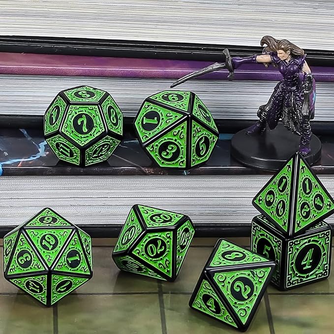 CiaraQ DND Polyhedral Dice Set for Dungeons and Dragons RPG MTG Role Playing Table Games-with 1 Dice Pouch (Green Engraved Dice)