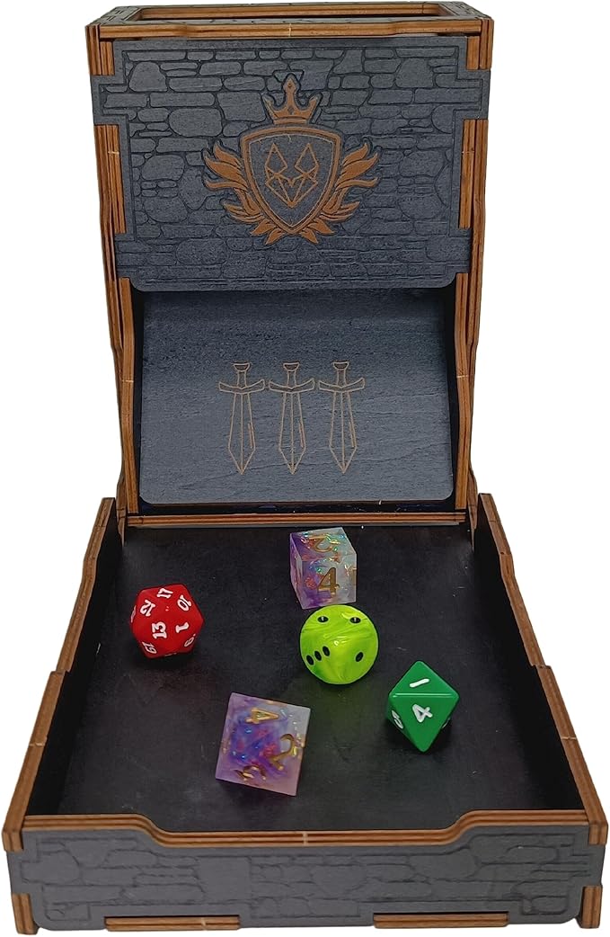 FOXBITE Dice Tower for Dungeons and Dragons Tower with Tray Wood Laser Etched DND Portable and Collapsible Dice Roller Perfect for Board Game and Tabletop RPG, Natural Wood Carved and Printed 5e
