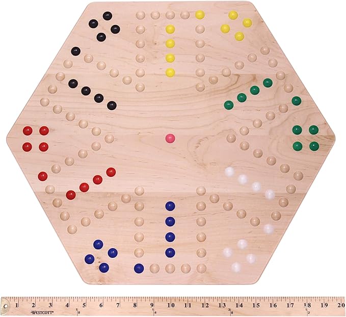 AmishToyBox.com Wahoo Marble Game Board Set - 20" Wide - Solid Maple Wood - Double-Sided - with Large 18mm Marbles and Dice Included