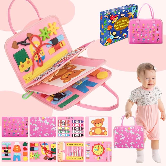 Busy Board for Toddlers 1-4, Montessori Toys for Kids, Pink 8 Pages