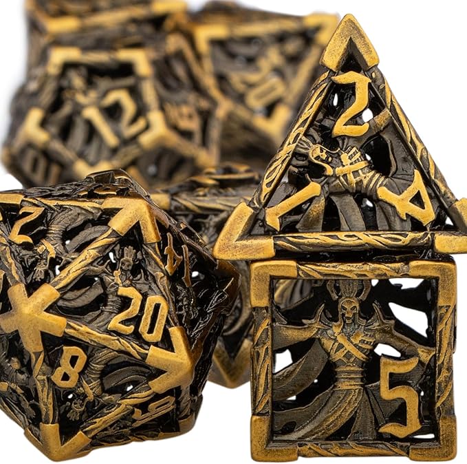 Hollow DND Dice Set Metal Wizard Dice with Box, 7pcs Ancient Gold Polyhedral D and D Dice for use with D&D RPG Tabletop Games Role Playing Game