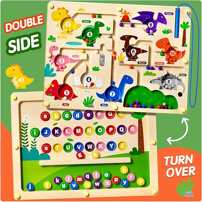 2 in 1 Magnetic Color and Number Maze Double-Sided ABC Alphabet Board Magenet Dinosaur Maze Preschool Montessori Education Toys (Dinosaur, Wood)