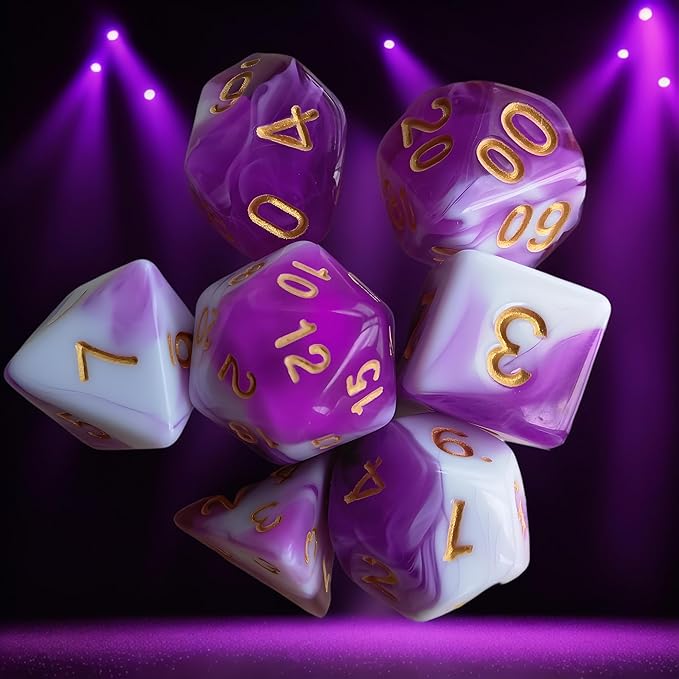 DND Dice Set, 7 Pcs Dice for Dungeon and Dragons D&D RPG Role Playing Games Dice Set with D20 D12 D10 D% D8 D6 D4(Purple Mixed White)