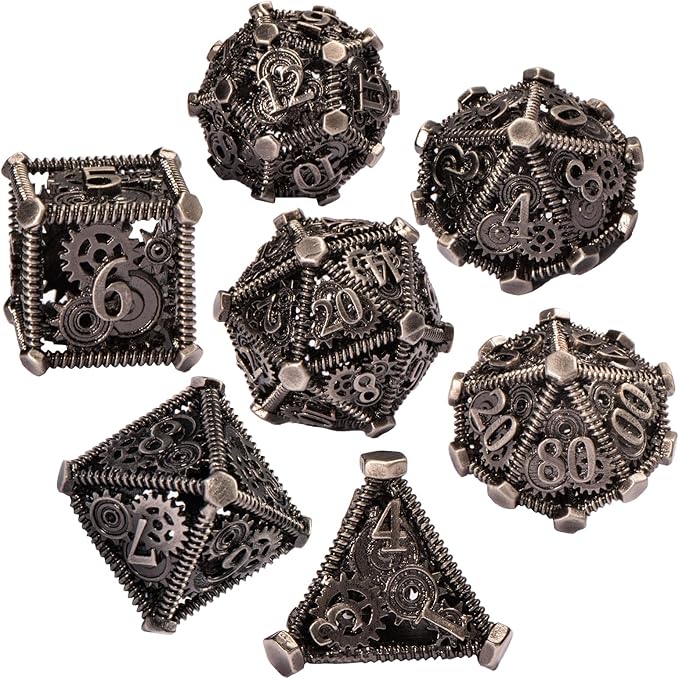 DND Metal Dice Set, UBEUCK 7PCS Gear Metal DND Dice Set for Dungeons & Dragons Board Games Boxes(Ancient Nickel Gear)