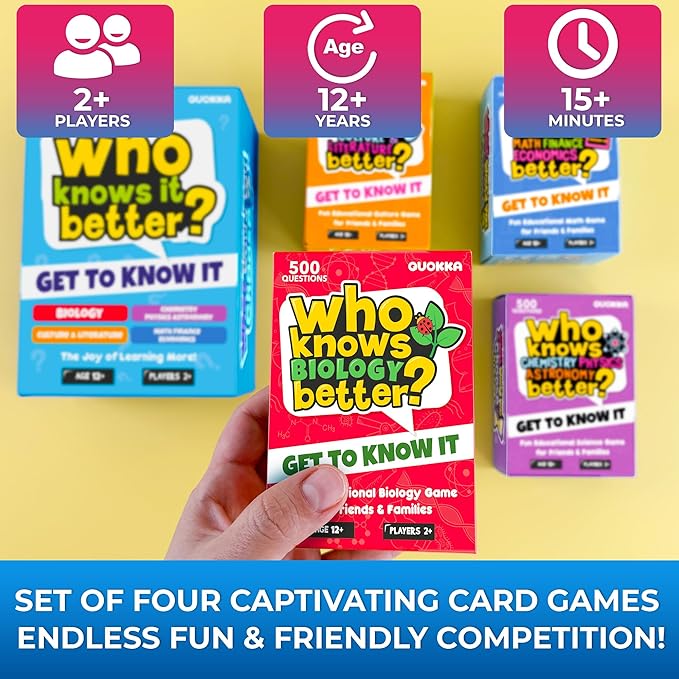 QUOKKA Board Games for Kids 8-12 and Family - Set of 4 Who Knows It Better? - 2000+ Questions Across Biology, Culture, STEM and Math - Educational Trivia Cards for Learning and Game Night