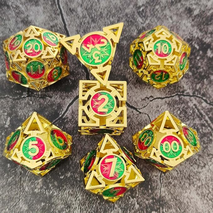 Metal DND Dice Set - D&D Dungeons & Dragons Polyhedron Metal Hollow Dice 7 Piece Set Board Game Cosplay Dice Accessories Gift MTG Pathfinder - Red & Green