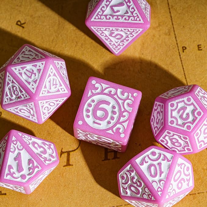 7-Die DND Dice Set New Pattern Polyhedral Dice Set with Leather Bag D&D Dice Set for Dungeons and Dragons RPG MTG Table Games(Pink White)