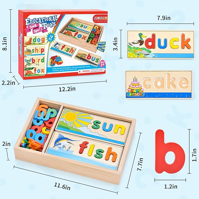 Atoylink Wooden Spell Learning Toys for 2 3 4 5 Year Old Kids Match Letter Spelling Game Board & Letters & Box, CVC Word Builder Toddler Educational Toy Kindergarten Preschool Learning Activities