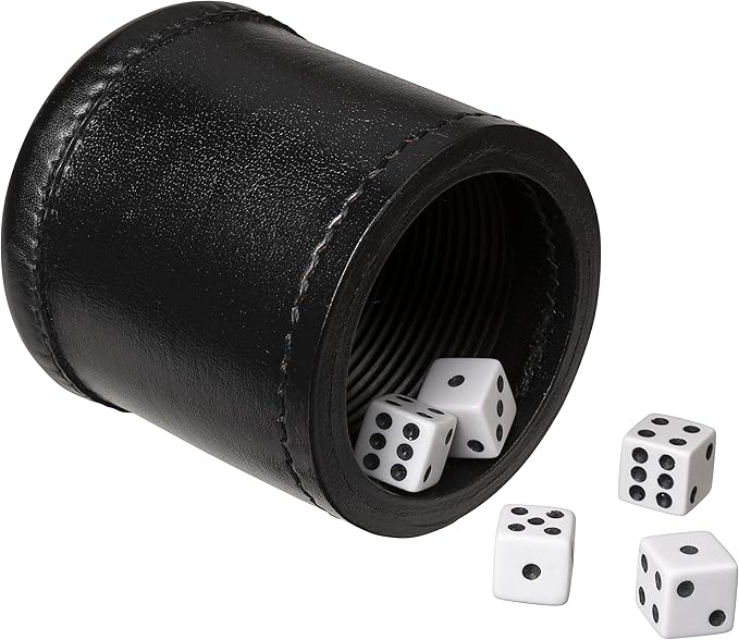 WE Games Professional Handmade Black Leather Dice Cup Set, Comes with 5 Standard Game Dice & Cloth Bag, Dice Roller for Liars Dice Farkle & Board Games, Durable Stitched Dice Cups