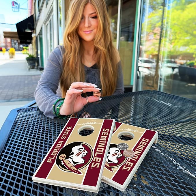 Tabletop Cornhole Game Set | Officially Licensed College Mini Football Cornhole Board Game | Includes Coins