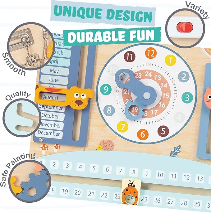 Montessori Busy Board for Toddlers 1-3, Double-Sided Wooden Sensory Toys, Preschool Learning Activities for Fine Motor Skills Travel Toy for 1 2 3 Years Old Kids Boys Girls (Style 1)