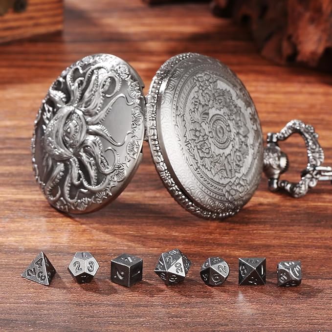 Mini DND Dice Set Steampunk One-Eye Octopus Pocket Watch Case, 7-Piece Polyhedral Metal D&D Dice Set, DND Gifts with Gift Box, Role Playing Board Game Accessories Dice, Dark Silver