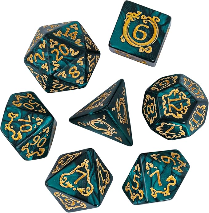 7-Die DND Dice Set Dragon Pattern Polyhedral Dice Set with Leather Bag D&D Dice Set for Dungeons and Dragons RPG MTG Table Games (Green W/Gold Dragon Pattern)