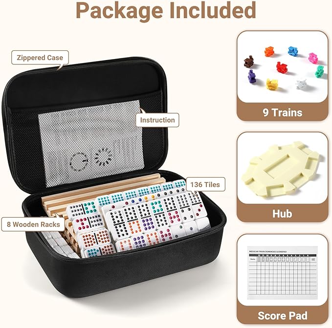 Mexican Train Dominoes Set with 8 Wooden Trays/Racks, Double 15 Dominos Travel Set with 8 Tiles Holders, 136 Tiles Double 15 Colored Dominoes Game Set with Zippered Case for Family Kids