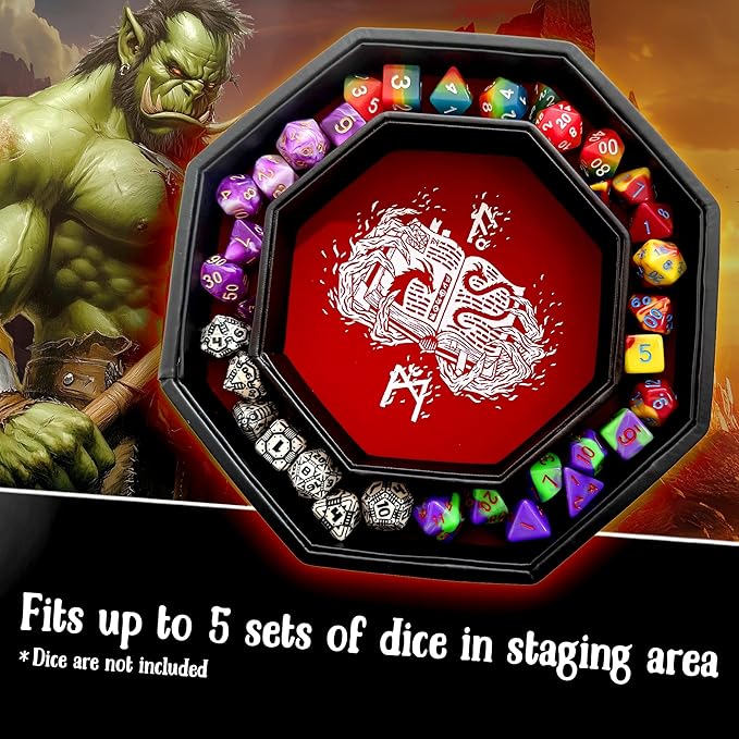 Deep Red Fire Dragon Dice Tray with Dice Sword Artwork – 9" Octagon with Lid, Holds 5 Dice Sets – Perfect for D&D, Call of Cthulhu, Shadowrun, and All Tabletop RPGs