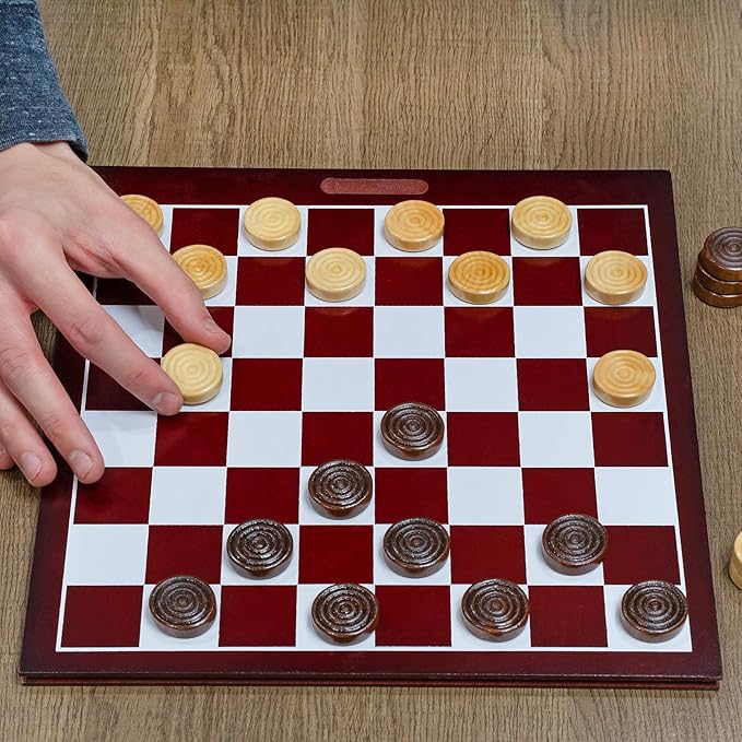 Classic Stackable Wooden Checkers in Natural Wood Color (24 Pieces); with Drawstring Cloth Storage Bag, 1 1/8 Inch