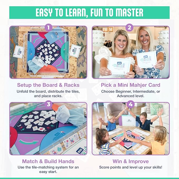Mahjong for Kids, Beginners & Families | American Mahjong Starter Set, Learn to Play with Tiles, Racks Game Board, & Guide - Educational STEM Gift for Ages 6+