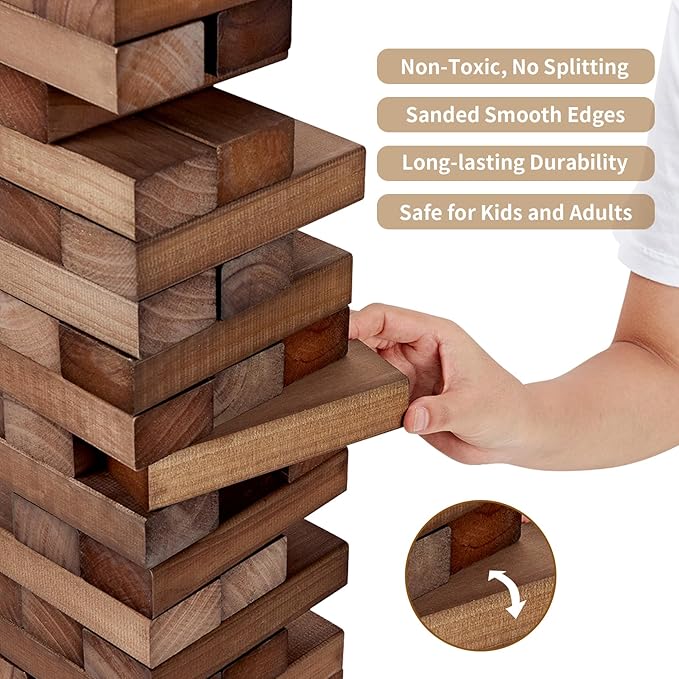 ApudArmis Giant Tumble Tower Stack to Over 5Ft, 56 PCS Pine Wooden Stacking Timber Game with 1 Dice Set - Classic Block Giant Outdoor Game (7.48 * 2.48 * 1.5In Each Block, Brown)