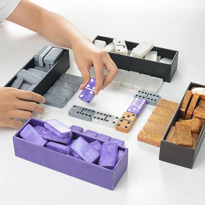 Dominos Set for Adluts - Double 6 Jumbo Domino Set - 28 Thick Marbleized Black and Gray Tiles - Dominoes Set for Adults and Kids, Classic Board Game for Family Nights & Travel (Black & Grey Case)