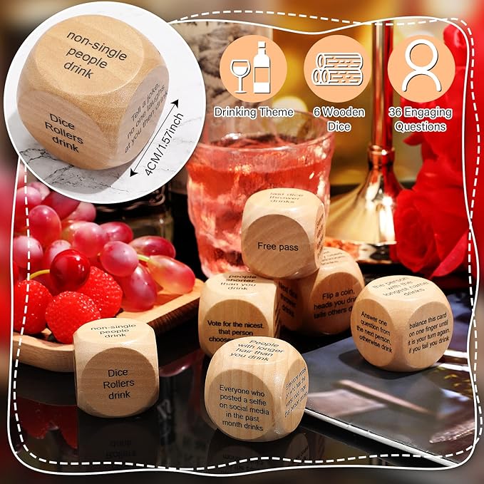 Hanaive 6 Pcs Party Drinking Bar Dice Game Resha Roulette Drinking Game Bachelorette Party for Adults White Elephant Gift Wedding Graduation Birthday(Bar Dice,Wooden)