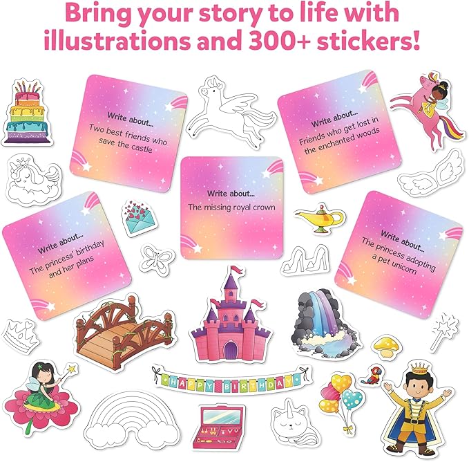 Skillmatics Storybook Art Kit - Unicorn & Princesses Art Kit for Kids, Write & Create Fairytale Stories, Creative Activity for Girls & Boys, DIY Kit, 300+ Stickers, Gifts for Ages 5, 6, 7, 8, 9, 10