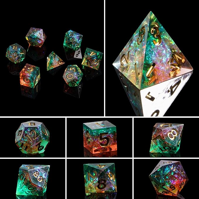 7PCS DND Dice Set,Handmade Sharp Edge Dice Set D&D RPG Polyhedral Die,for Dungeons and Dragons TTRPG Games Roleplaying Games Pathfinder,with Gift Box(Green with Brown)