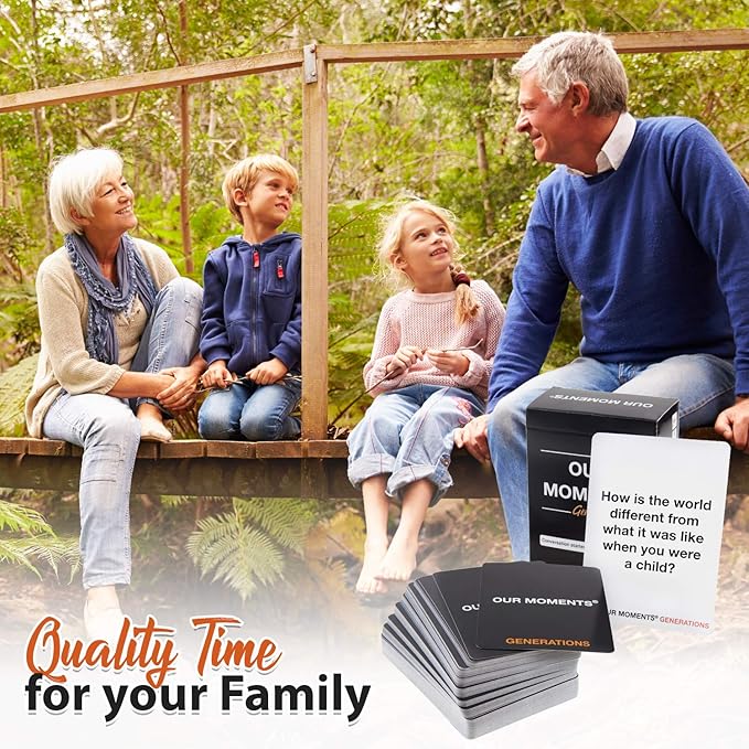 OUR MOMENTS Generations Game: 100 Conversation Starters for Grandparents & Grandchildren, Portable Cardstock Tabletop Game for Family Dinner, Car, Camping, Road Trip