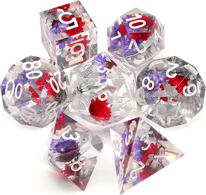 Haxtec Flower DND Dice Set Sharp Edge Dice with Dice Case Handmade Red Purple Floral Resin D&D Dice Set for TTRPGs Dungeons and Dragons Gifts