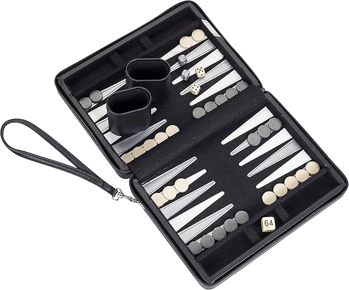 WE Games Backgammon Set, Board Games for Adults - Travel Games - Black with Gray Stripe Magnetic Leatherette Backgammon Board and Carrying Strap - Travel Backgammon Sets for Adults