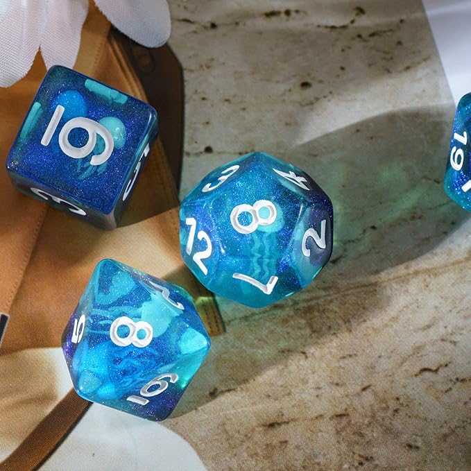 UDIXI D&D Polyhedral Dice Set, 7PCS Resin DND Dice Set Glow in Dark Dice for Dungeons and Dragons RPG and Other Tabletop Games, d and d (Jellyfish)
