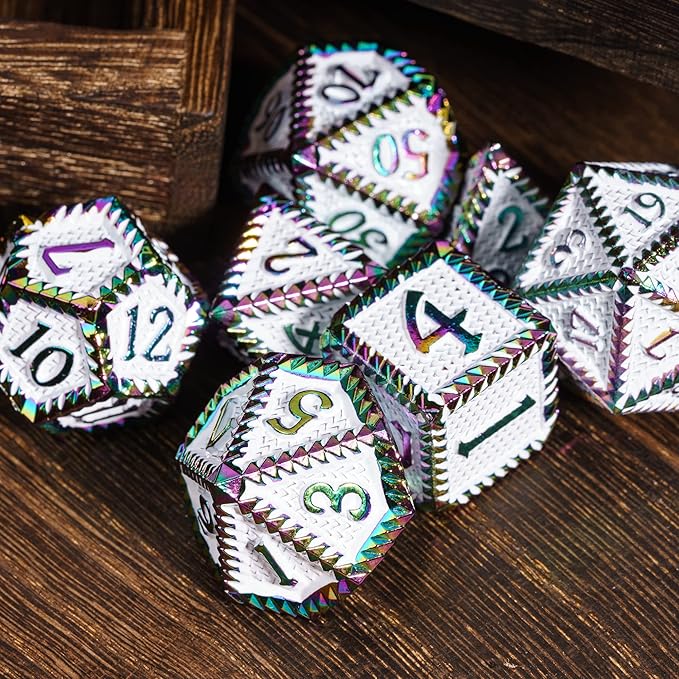 7-Die Metal DND Dice Set, Serrated Design Metal Dice Set 7 Pcs D&D Dice Set for Dungeons and Dragons Role Playing Game(RPG),Pathfinder,Table Game,Board Games(Colorful White)