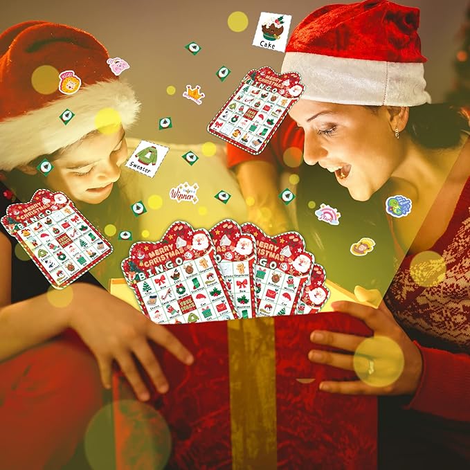 39Pcs Christmas Bingo Game for Kids Adults 24 Players Bingo Cards Christmas Games with Reward Stickers Xmas Activities Family Party Game
