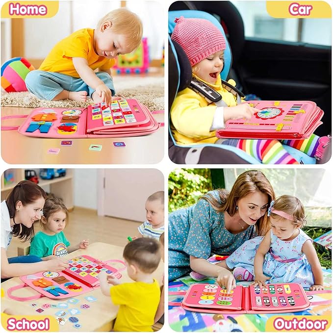 Toddler Busy Board - Montessori Toys for 2-3 Year Old Girl Birthday Gift, Educational Learning Sensory Busy Book for Two Year Old Girl, Airplane Car Travel Activities Toy for Kids Ages 2-4
