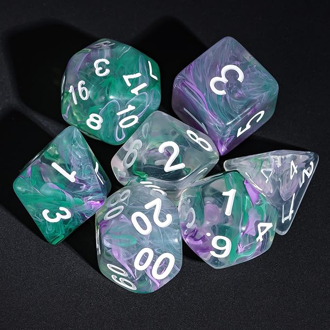 7-Die DND Dice Set Polyhedral Dice Set with a Leather Dice Bag, D&D Dice Set for Dungeons and Dragons, RPG Table Games (Transparent Green Mix Purple)
