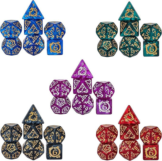 5 Sets/35PCS DND Dice Set Dragon Pattern Polyhedral Dice Set with Leather Bag D&D Dice Set for Dungeons and Dragons RPG MTG Table Games